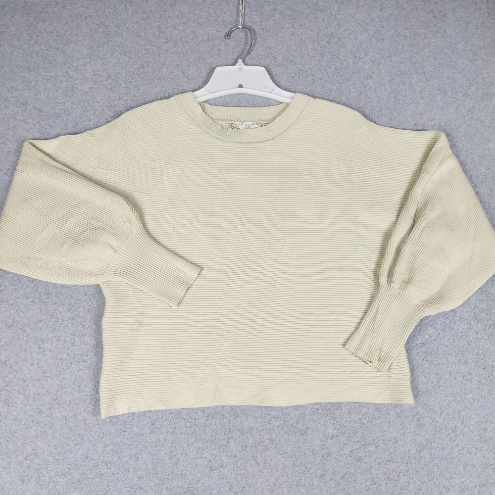 Pink Rose Vintage Sweater Womens Large Beige Ribbed Lantern Sleeve Crew Neck